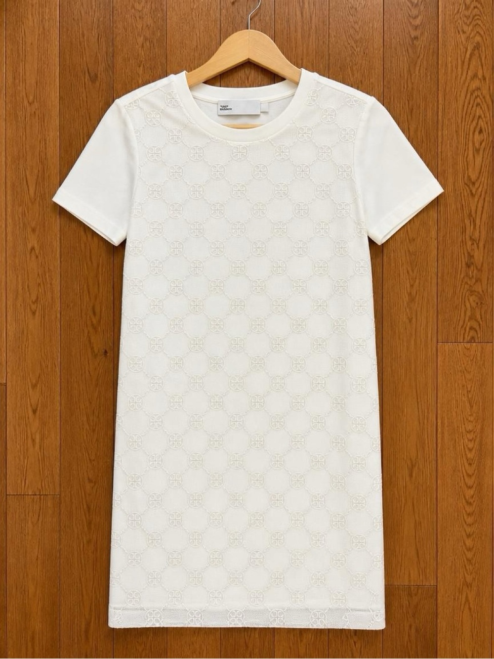 Tory Burch Ivory Monogram Logo Textured Shift Dress XXS Short Sleeve
